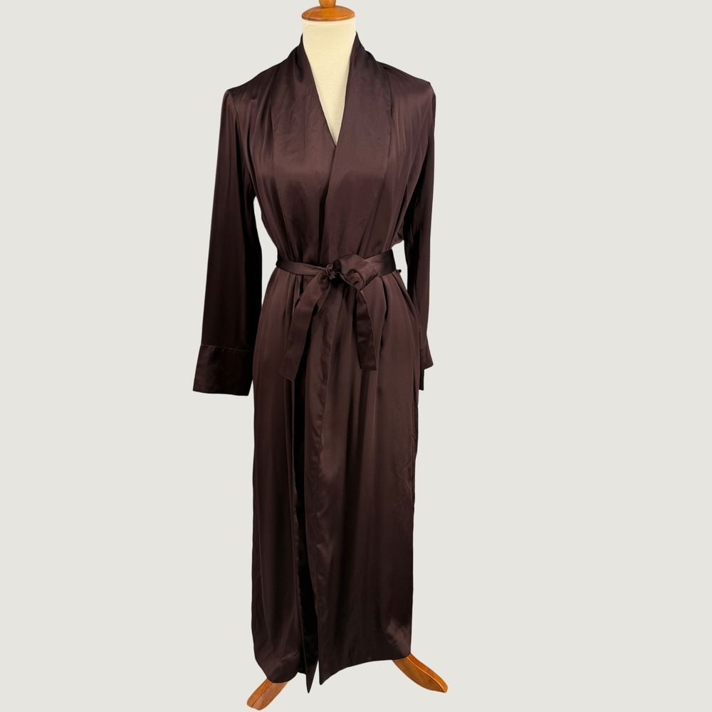 Amanda Uprichard Size Small Brown Satin Maxi Robe Wrap Dress Belted Long Sleeve